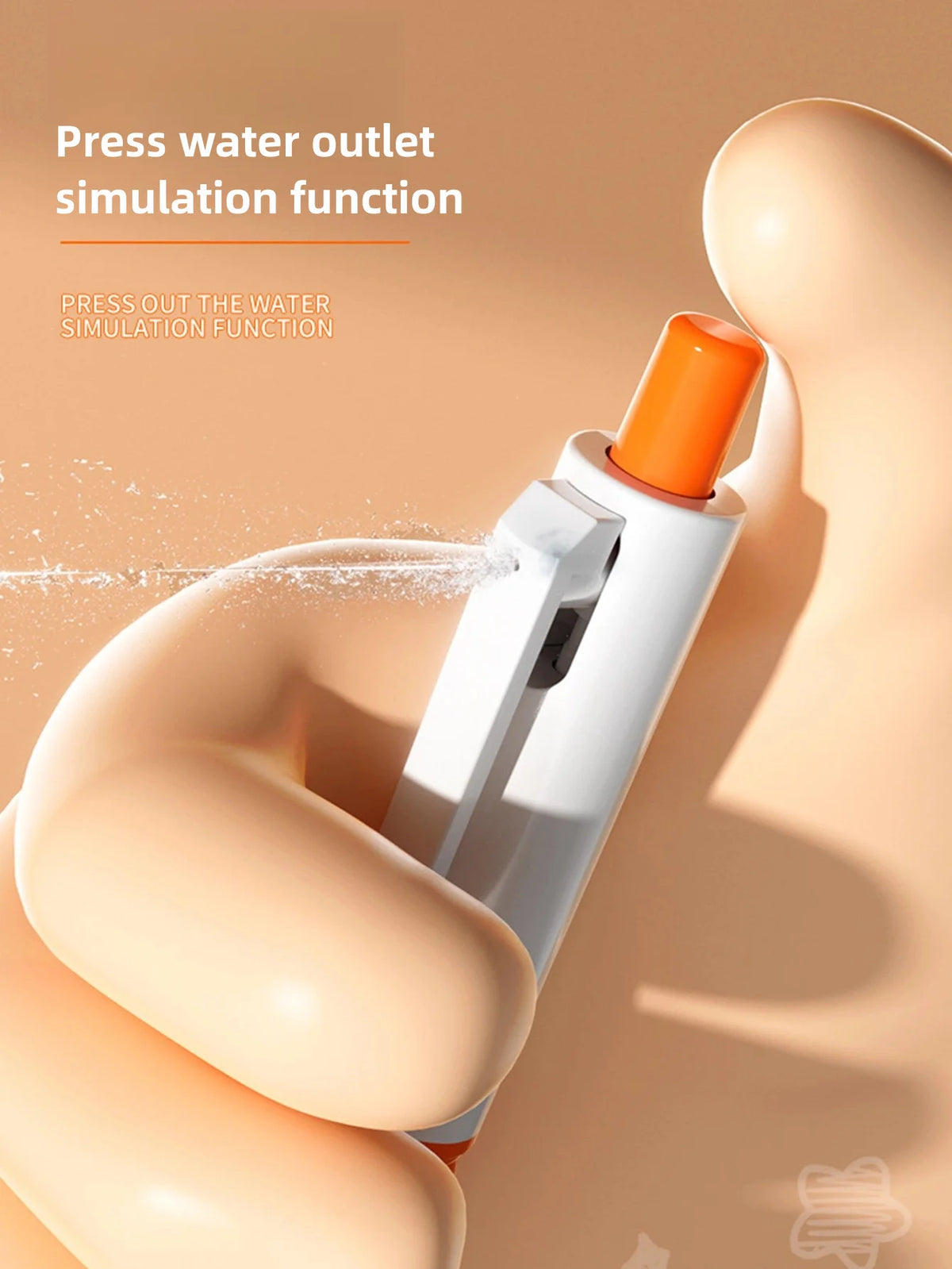 A hand is squeezing an orange-tipped water gun pen, simulating a press water outlet function.