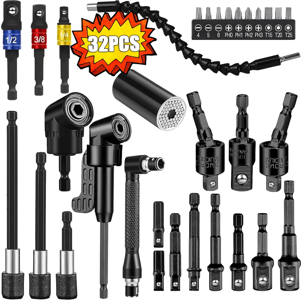 Flexible Right Angle Drill Bit Extension Set with Universal Socket Adapter