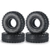 A pair of black rubber mud terrain tires for Axial SCX24 and TRX4M vehicles.