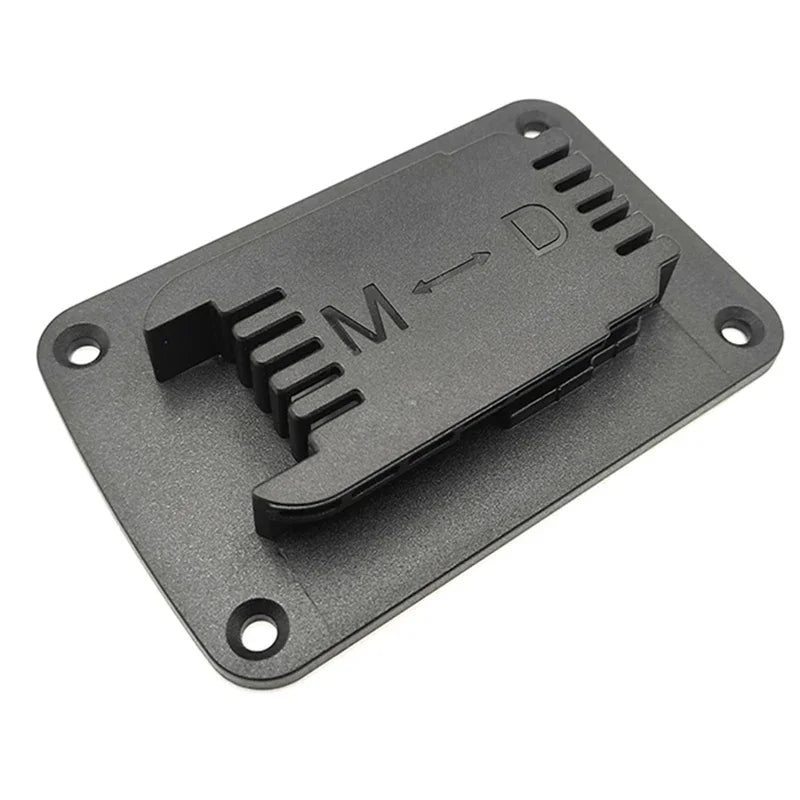 Black wall-mounted battery tool holder for Dewalt and Milwaukee tools