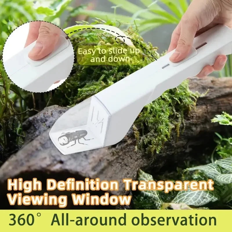 A hand holds a white handheld insect catcher with a transparent viewing window, designed for 360 degree observation.