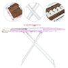 A pink foldable ironing board with a white frame and heat-resistant cover shown in various views.