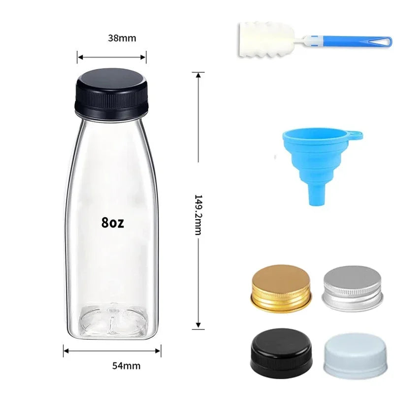 Clear reusable plastic juice bottle with black cap and a separate silicone measuring cup and various caps