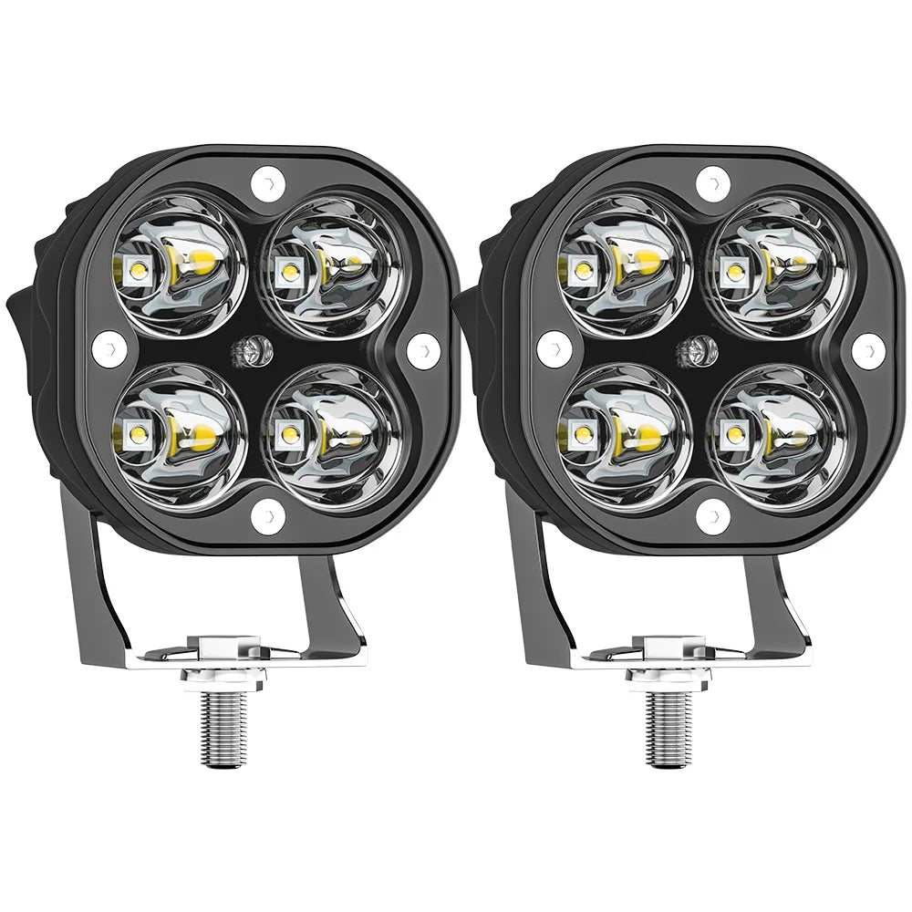 A pair of black LED spot work lights with multiple halogen bulbs mounted on metal brackets.