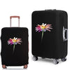 Black elastic suitcase protective cover featuring a pink and yellow daisy print.