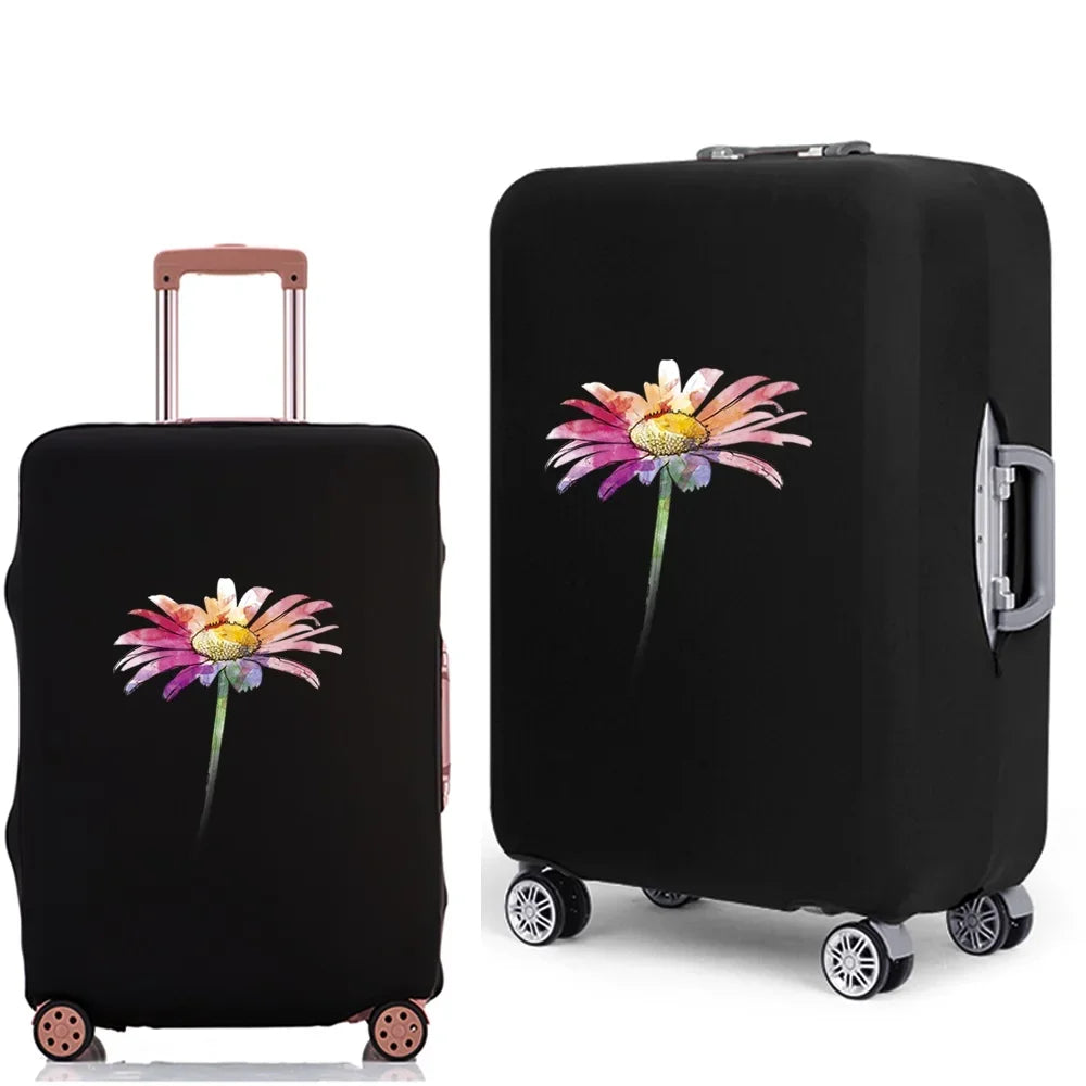 Black elastic suitcase protective cover featuring a pink and yellow daisy print.
