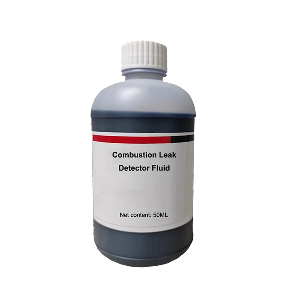 A clear plastic bottle containing 50ml of detector fluid for a combustion leak test.