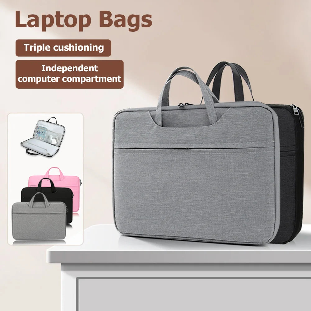 A gray laptop bag with black trim is shown on a white surface, highlighting triple cushioning and an independent computer com