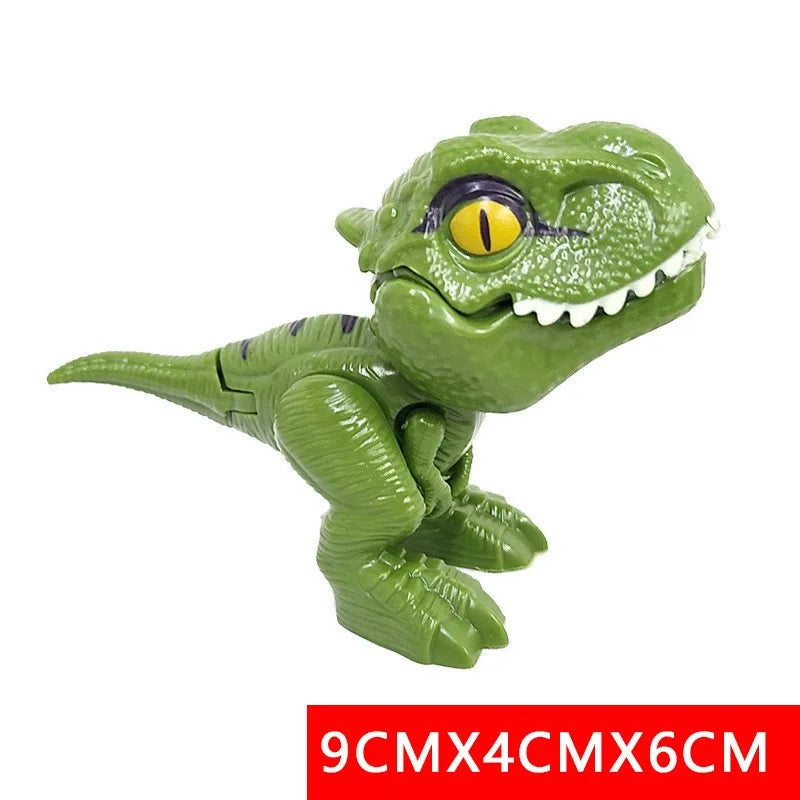 A green plastic dinosaur toy resembling a Triceratops or Tyrannosaurus, shown in a close-up view.