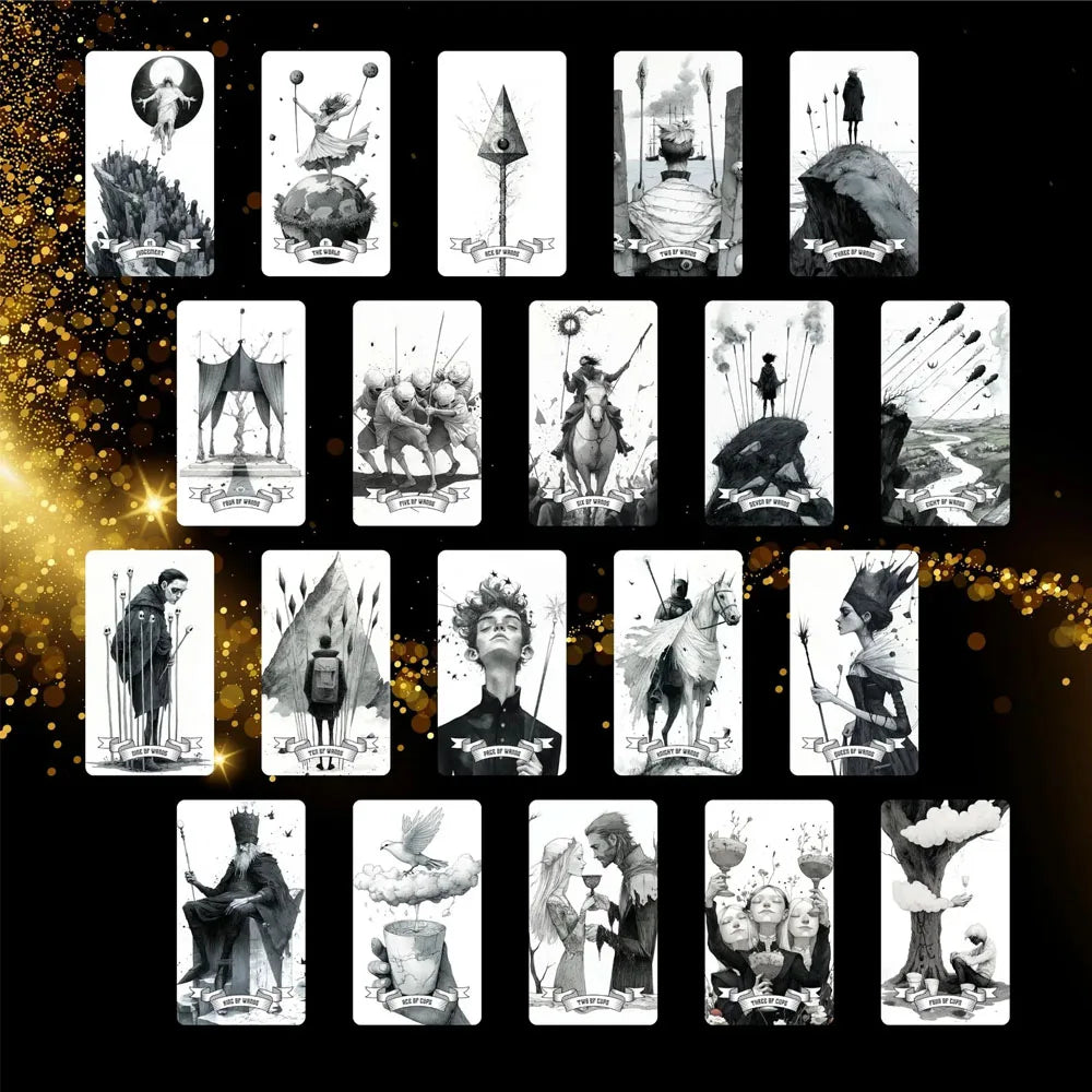A collection of 12 tarot cards featuring various mystical figures and scenes for divination.