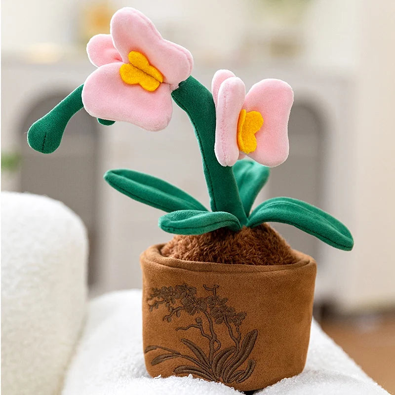 A pink flower with a yellow center is displayed on a green plant stem in a brown pot.