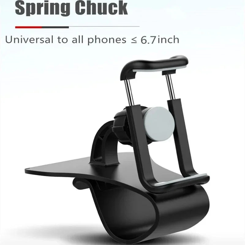 A black spring chuck universal car phone mount designed for phones up to 6.7 inches.