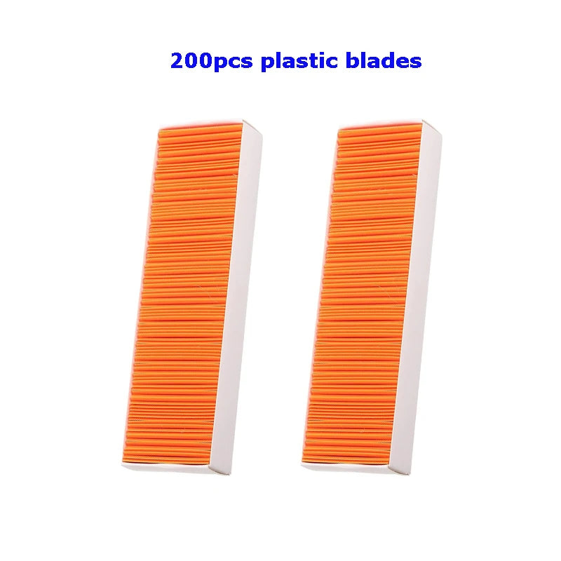Two rectangular strips of orange plastic blades for scraping stickers and labels