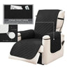 A black waterproof non-slip recliner sofa cover featuring side fitted pockets on a beige recliner chair.