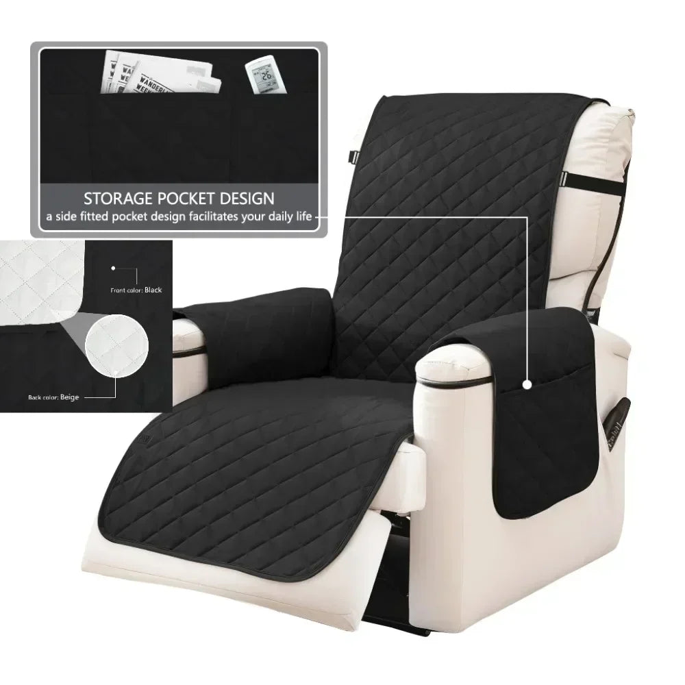 A black waterproof non-slip recliner sofa cover featuring side fitted pockets on a beige recliner chair.
