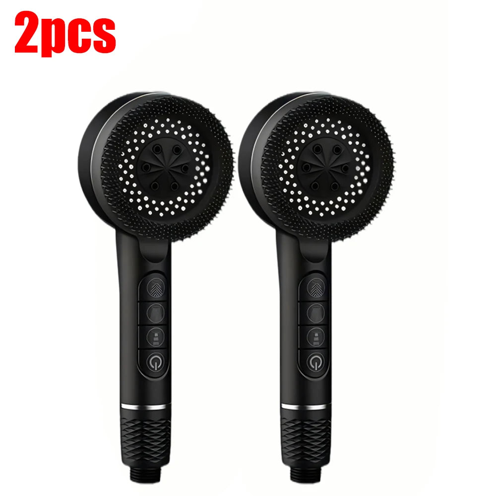 A pair of black high-pressure handheld shower heads with silicone nozzles.