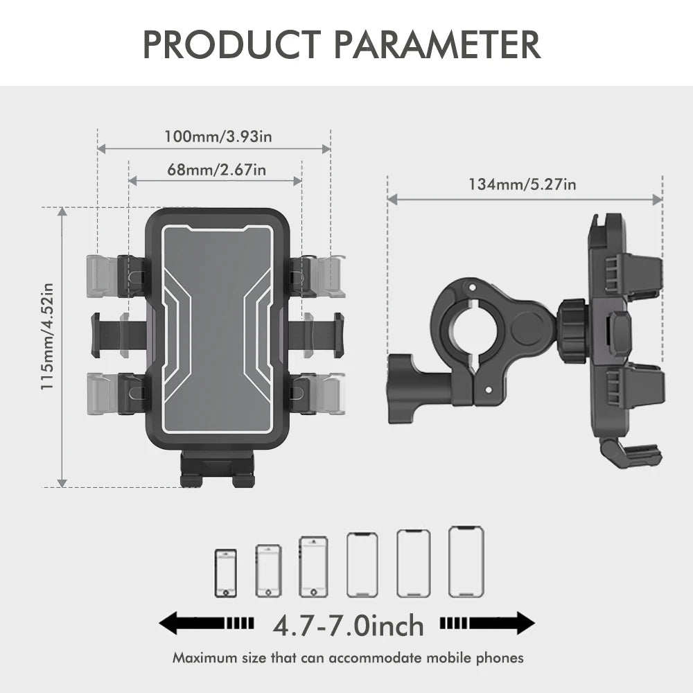 Diagram showing the dimensions and mounting features of a secure 6-claw bike phone mount.