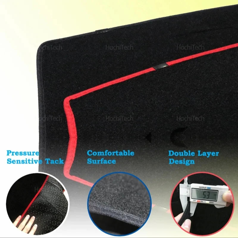 Close-up view of a black dashboard cover with red stitching, showing the texture and fit for a vehicle.
