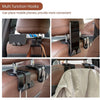 Two multi function hooks designed to place mobile phones on car headrests for convenience