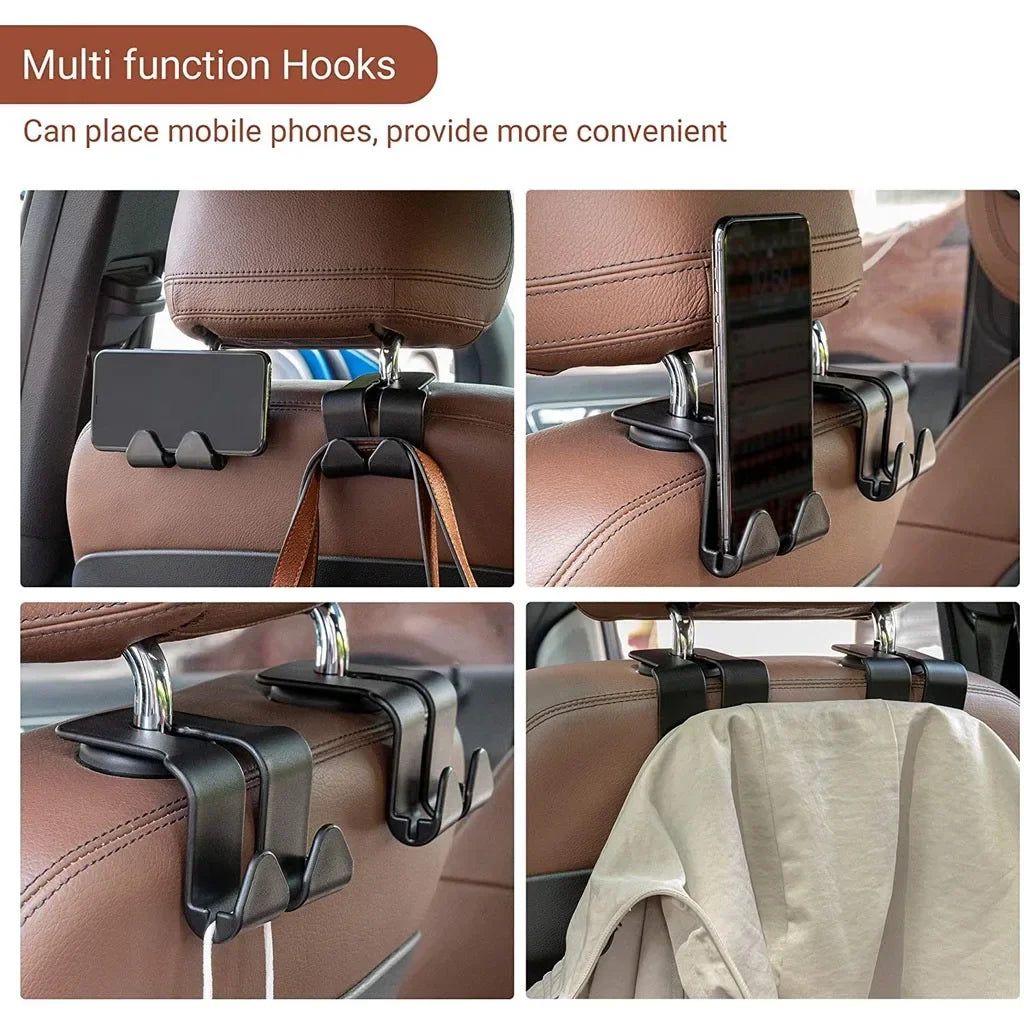 Two multi function hooks designed to place mobile phones on car headrests for convenience