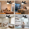 Interior shots showing an LED ceiling fan light in a bedroom, dining room, living room, and study with various lighting setti