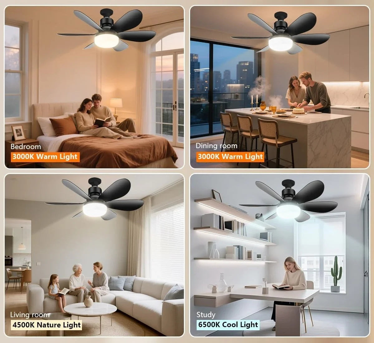 Interior shots showing an LED ceiling fan light in a bedroom, dining room, living room, and study with various lighting setti