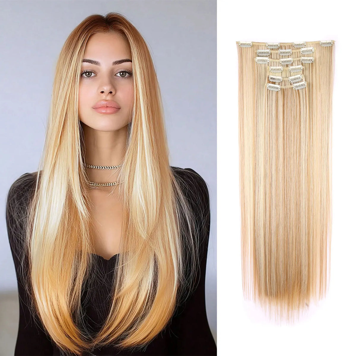 Une femme modèle de longs cheveux blonds lisses avec des extensions clip-in et un autre ensemble d'extensions.