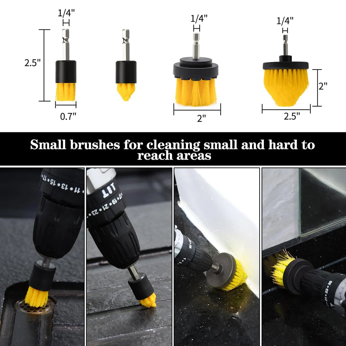 Set of small yellow and black rotary cleaning brushes with extension shafts for cleaning hard-to-reach areas