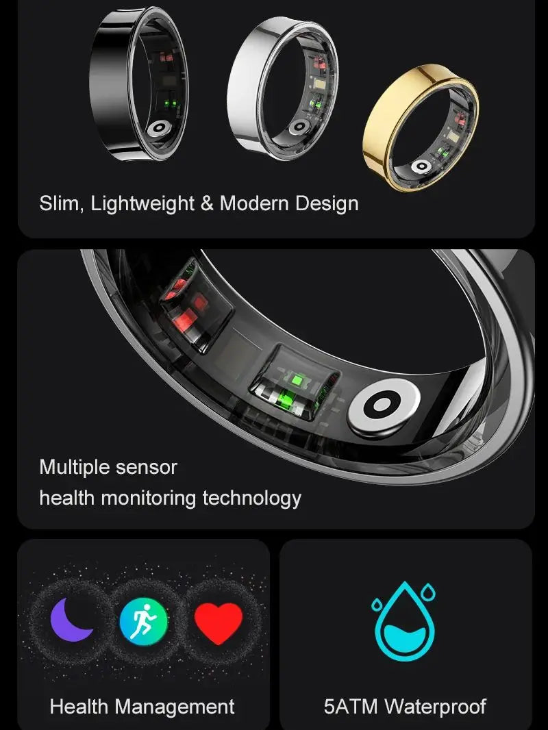 A set of sleek stainless steel smart rings demonstrating modern design, multiple sensors for health monitoring, and 5ATM wate