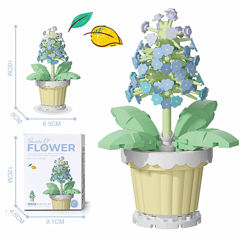 A set of flower pot building blocks showing various sizes and components for creating floral arrangements.
