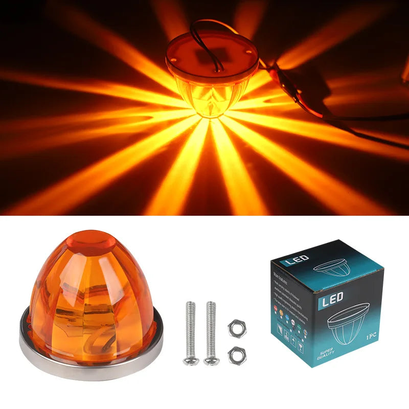 Robuste LED-Warnleuchte mit klarem orangefarbenem Objektiv und Befestigungsmaterial.