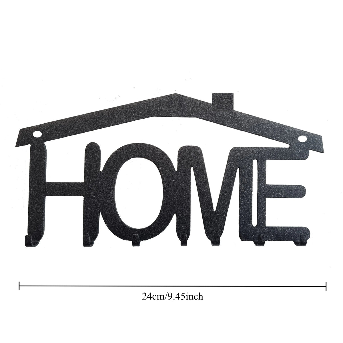 Black rustic iron wall hooks shaped like the word HOME for home organization