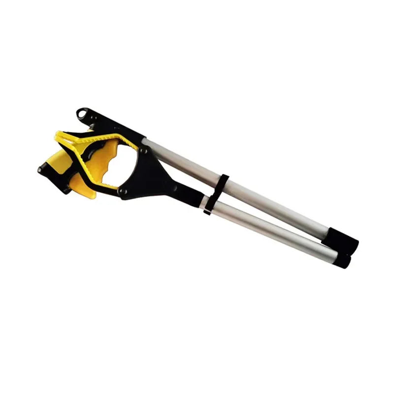 A foldable extra-long pickup tool with a rotating grip shown in black and yellow.