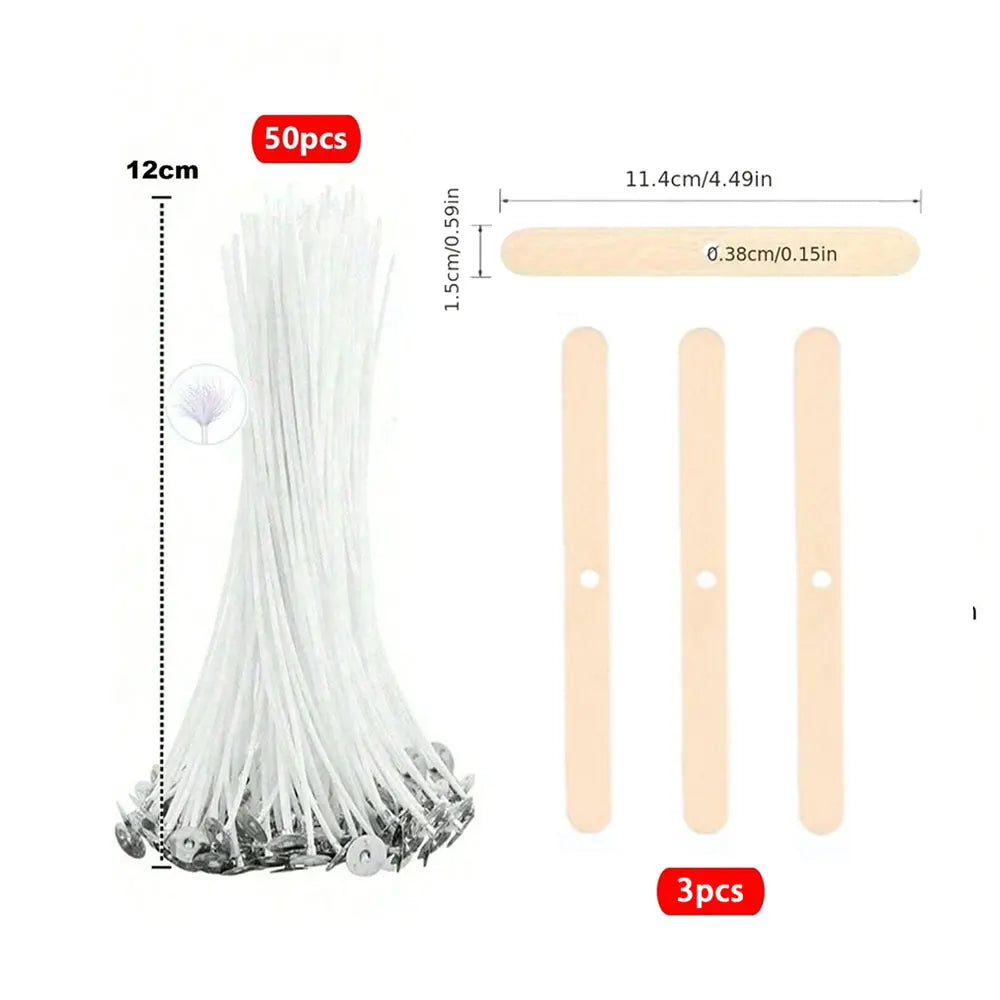 A set of 50 natural cotton candle wicks with metal stands, shown next to measuring tools.