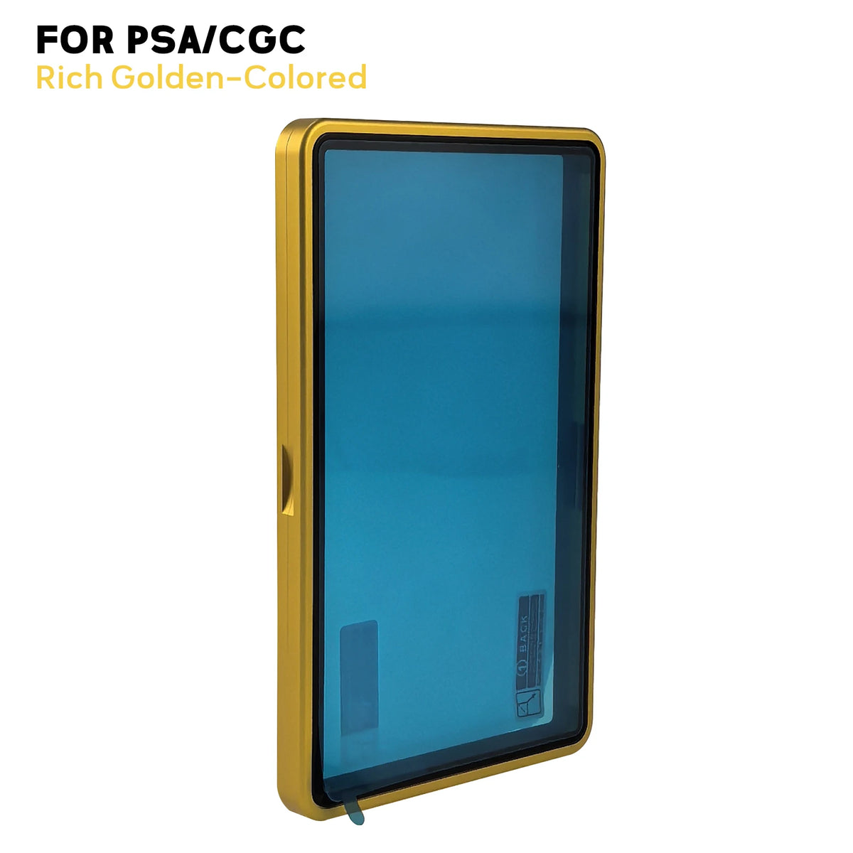 A rich golden-colored protective display case for a PSA/CGC graded trading card.