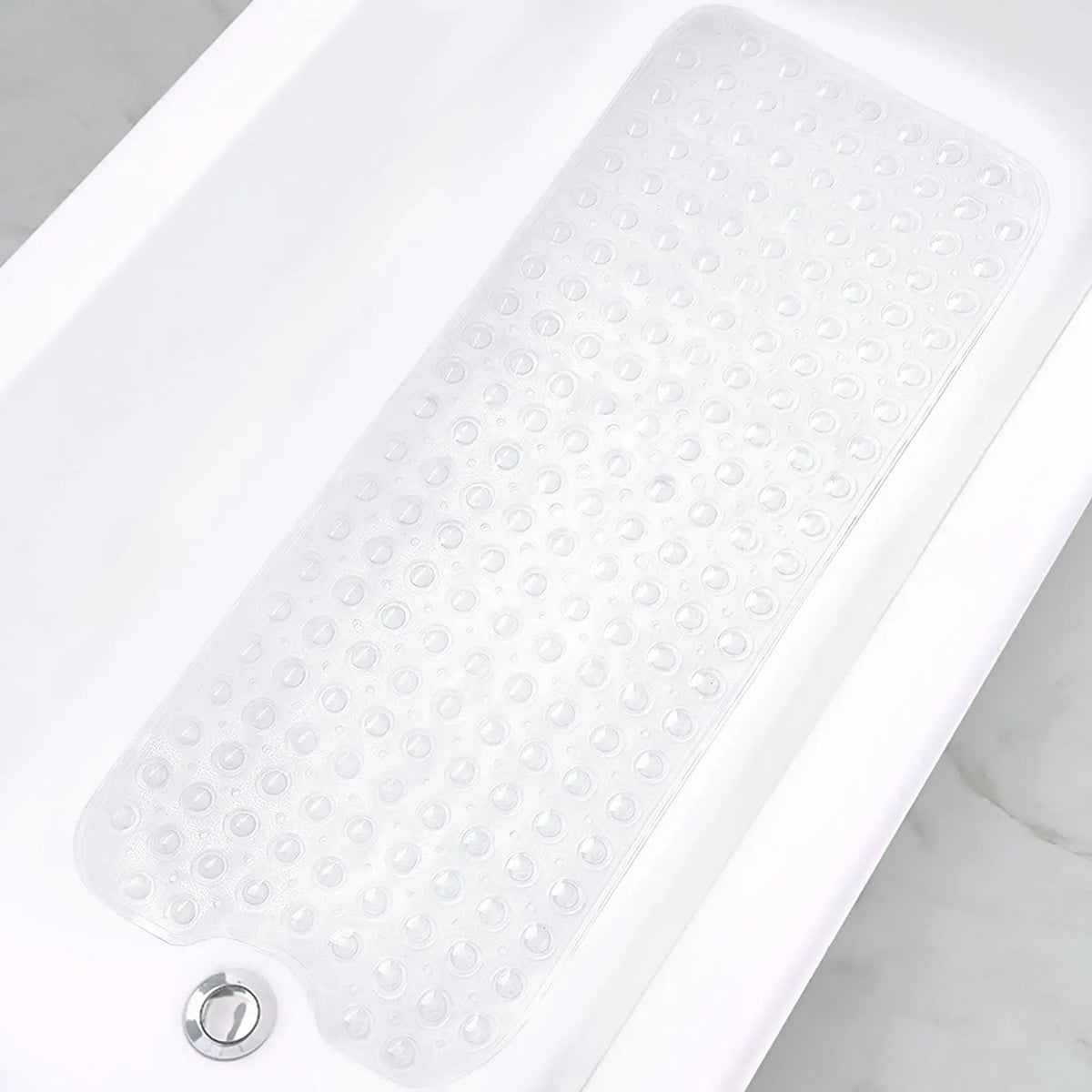 Clear non-slip bathtub mat with suction cups and drain holes