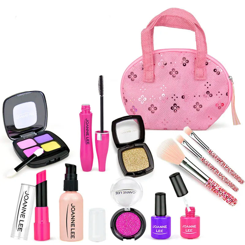 A collection of Joann Lee makeup products including lip glosses, eyeshadow palettes, and brushes in pink and purple packaging