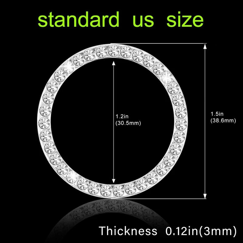 A circular crystal rhinestone button cover with a 1.2-inch diameter and 0.12-inch thickness.