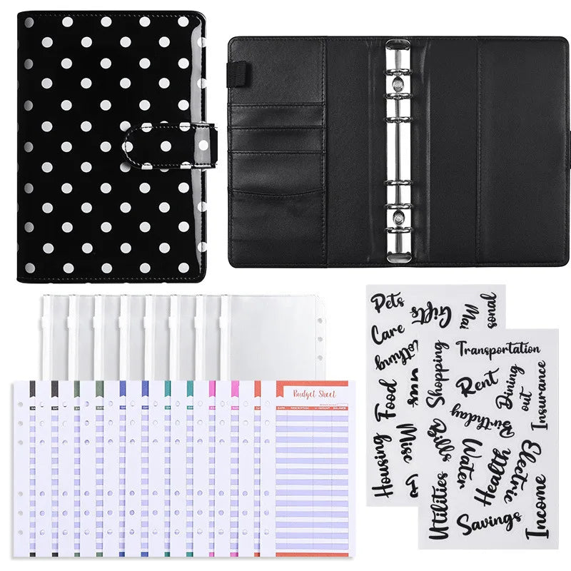 Black A6 polka dot PU leather binder wallet with cash envelopes and card holder
