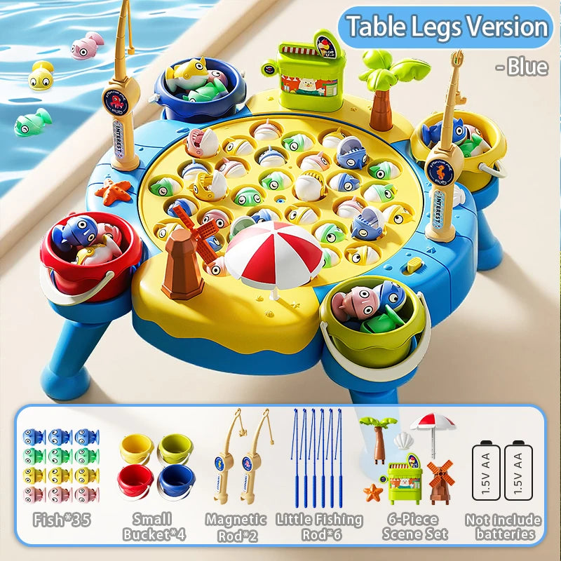 Blue table legs version of a magnetic fishing game set with various fish and accessories