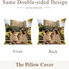 Front and back views of a pillow cover featuring a photo of a couple in a castle setting.