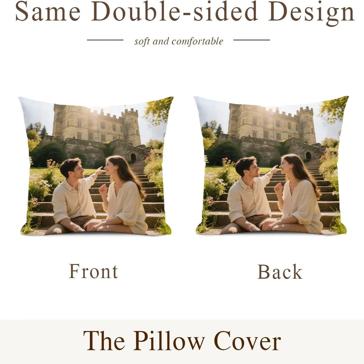 Front and back views of a pillow cover featuring a photo of a couple in a castle setting.