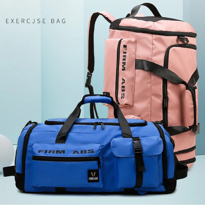 A blue gym bag with black straps is shown next to a pink backpack, both labeled FIRM ABS.