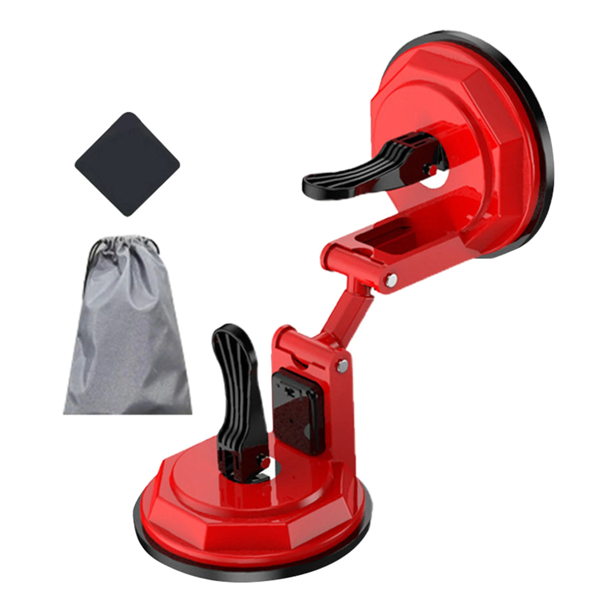 A red portable door stopper with an alarm mechanism and a gray storage bag.