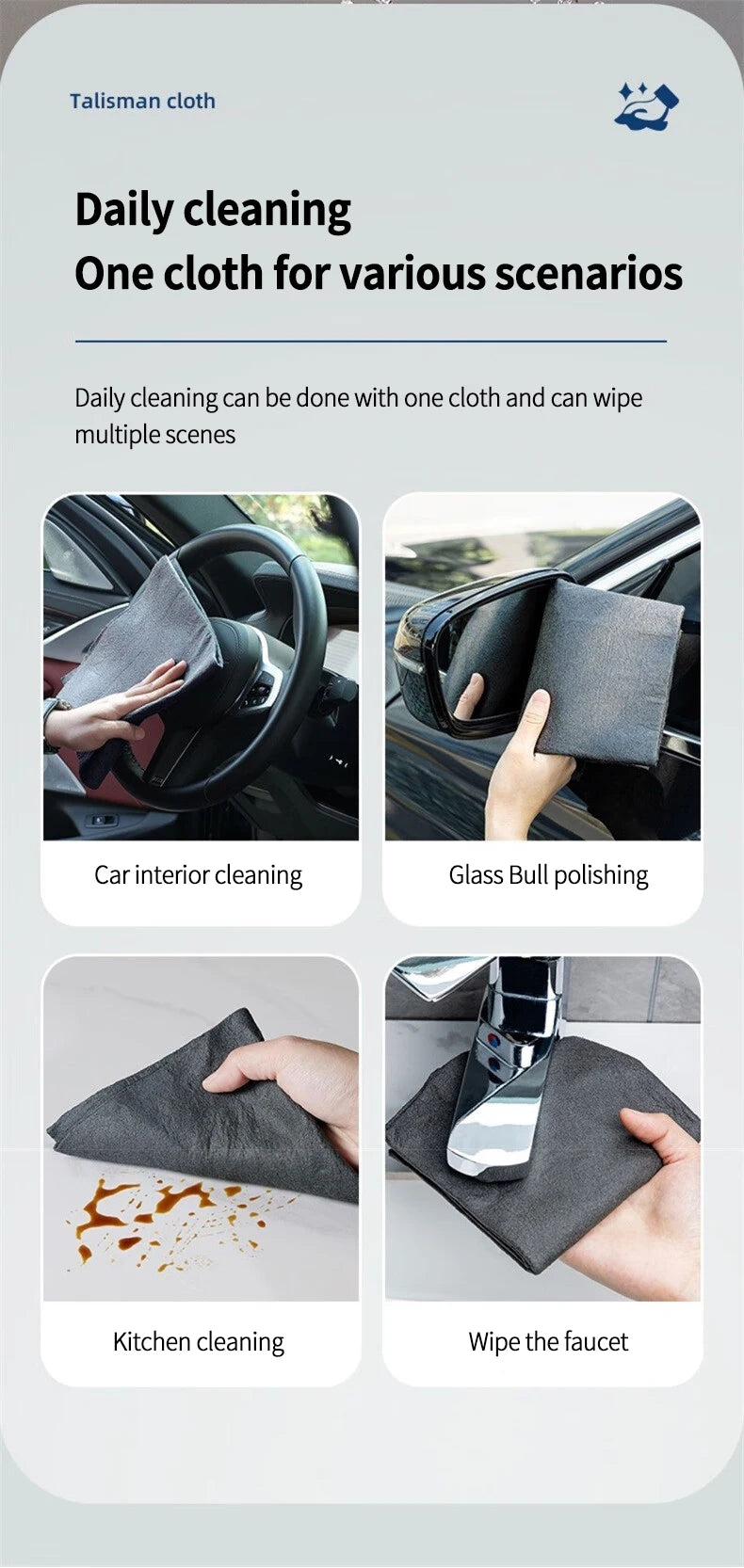 A collection of dark gray reusable microfiber cleaning cloths being used for various household and car cleaning tasks.