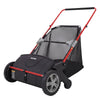 A black push lawn sweeper with a large hopper and adjustable height, featuring a red handle.