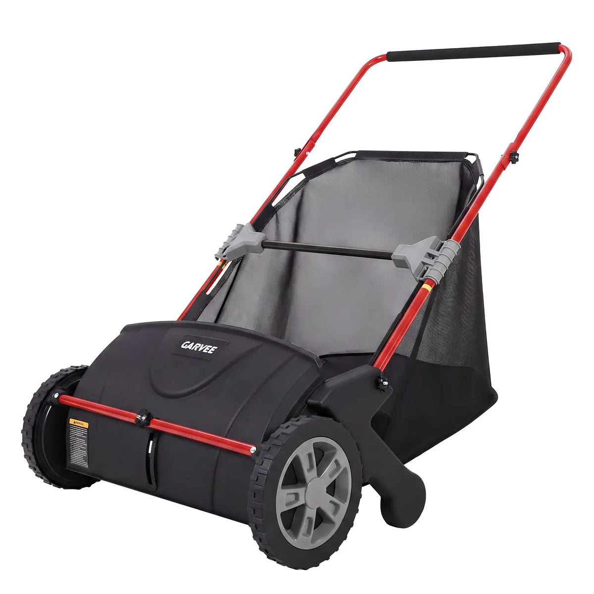 A black push lawn sweeper with a large hopper and adjustable height, featuring a red handle.