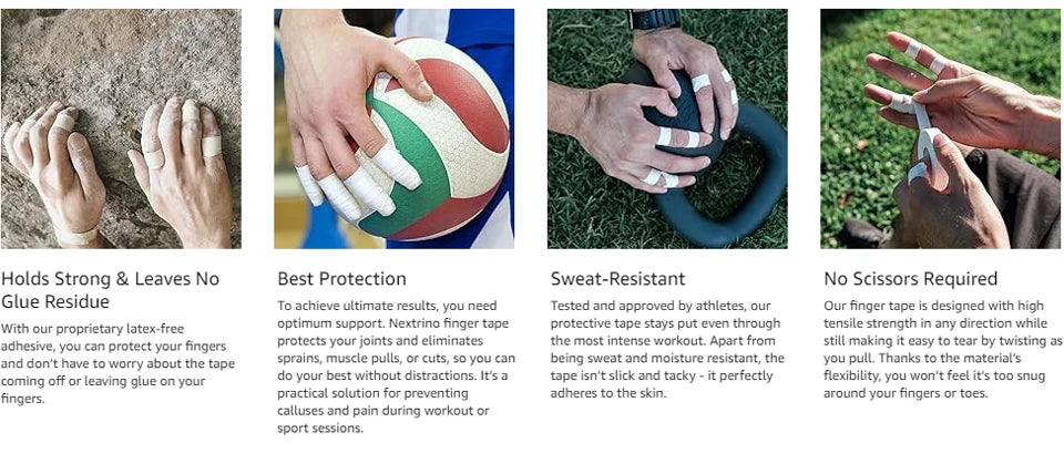 Hands demonstrate the application of cotton athletic finger tape for support and protection.