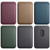 A set of six premium leather wallet cases in various shades including purple, beige, blue, green, and gray.