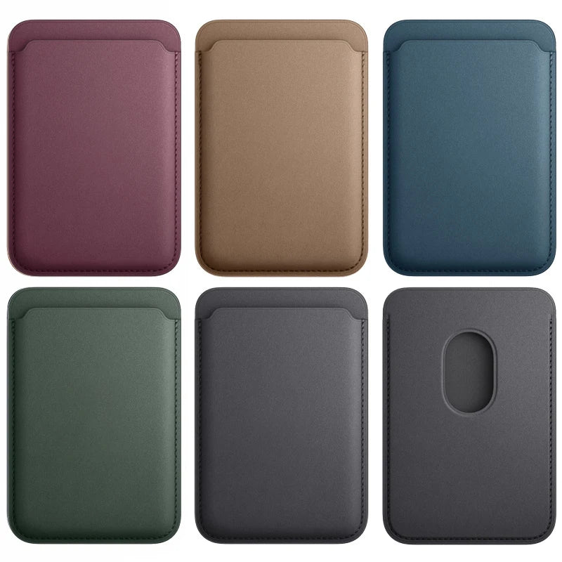 A set of six premium leather wallet cases in various shades including purple, beige, blue, green, and gray.